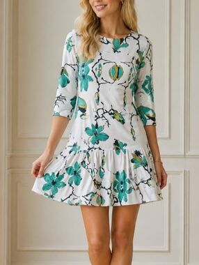 Atelier 5 by Gozde Yilmaz Green White Floral A Line Dress Sz XS USA